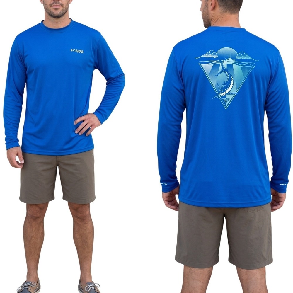 Columbia PFG Shirt Mens 2XL Blue Long Sleeve Omni-Shade Fishing Performance